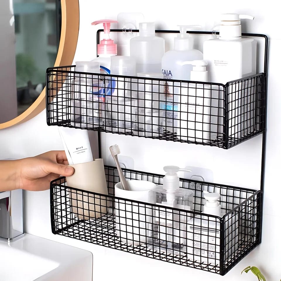 2 Layer Shelving Basket, Wall Mounted Bathroom Rack, Multifunctional Toiletries Organizer, Free Punch Condiment Storage Basket, Kitchen Wall-mounted Storage Basket 2 Layer Shelving Basket, Wall Mounted Bathroom Rack, Multifunctional Toiletries Organizer, Free Punch Condiment Storage Basket, Kitchen Wall-mounted Storage Basket